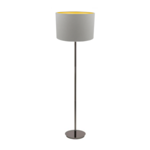 LLF Flynn Canary Floor Lamp with nickel base and white linen drum shade with yellow satin interior lining