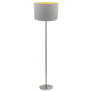 LLF Flynn Canary Floor Lamp with nickel base and white linen drum shade with yellow satin interior lining