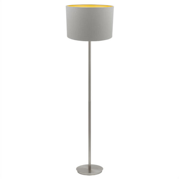 LLF Flynn Canary Floor Lamp with nickel base and white linen drum shade with yellow satin interior lining