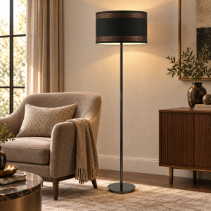 LLF Flynn Gemini sophisticated floor lamp styled in dark contemporary living room interior setting