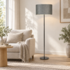 LLF Flynn Linen Charcoal Floor Lamp with nickel base and rich charcoal linen drum shade