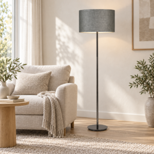 LLF Flynn Linen Charcoal Floor Lamp with nickel base and rich charcoal linen drum shade