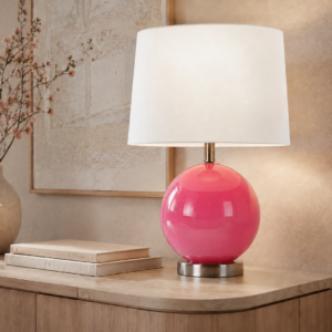 LLT Echo Pink Table Lamp with a glossy pink spherical glass base