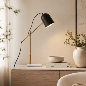LLT Elfin Table Lamp with white marble base and antique gold arm