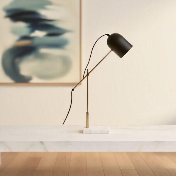 LLT Elfin Table Lamp with white marble base and antique gold arm