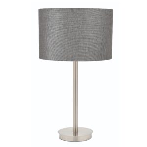 LLT Flynn Linen Charcoal Table Lamp with brushed nickel base and stem