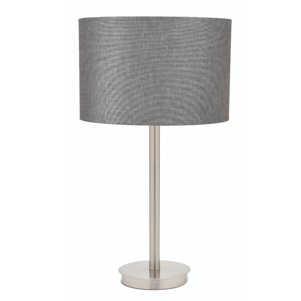 LLT Flynn Linen Charcoal Table Lamp with brushed nickel base and stem