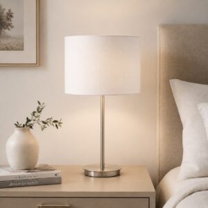 LLT Flynn White Table Lamp with nickel base and white drum shade