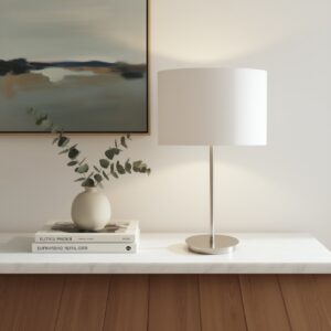 LLT Flynn White Table Lamp with nickel base and white drum shade