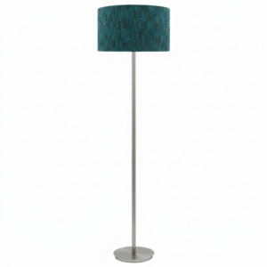 LLF Flynn Motlop Blueberry Mix Floor Lamp with nickel base and rich blueberry teal textured drum shade