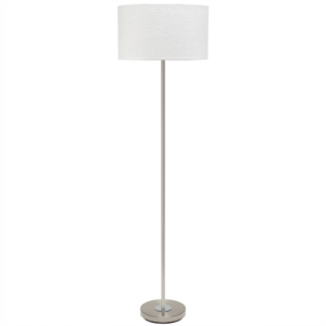 LLF Mac White Nickel floor lamp featuring slim chrome stem and soft white pucker fabric shade
