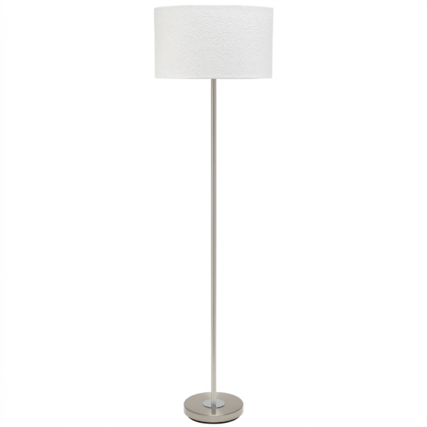 LLF Mac White Nickel floor lamp featuring slim chrome stem and soft white pucker fabric shade