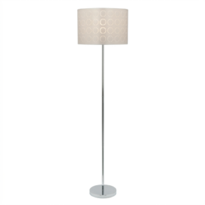 LLF Orbit Chrome floor lamp featuring slim chrome stem and intricate circular laser cut satin shade