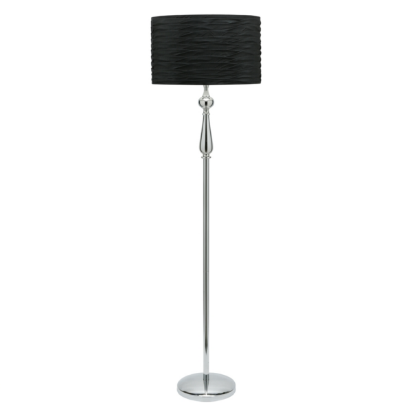 LLF Pianto Black Floor Lamp with polished chrome base and dramatic textured black scrunch shade
