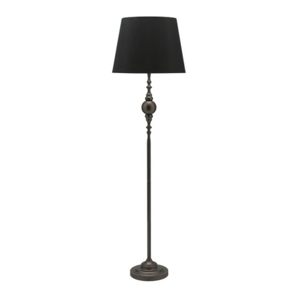 LLF Pioneer Black Floor Lamp with ornate iron metal base and bold black faux silk round tapered shade