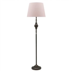 LLF Pioneer Blush Floor Lamp with ornate iron metal base and soft blush pink linen round tapered shade