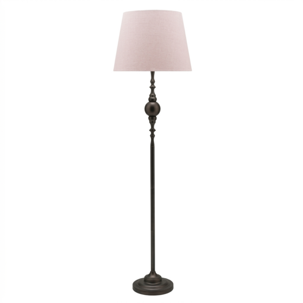 LLF Pioneer Blush Floor Lamp with ornate iron metal base and soft blush pink linen round tapered shade