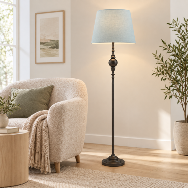 LLF Pioneer Mist Floor Lamp with ornate iron metal base and soft mist blue linen round tapered shade