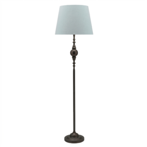 LLF Pioneer Mist Floor Lamp with ornate iron metal base and soft mist blue linen round tapered shade