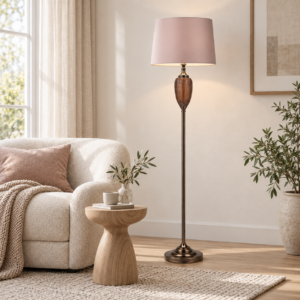 LLF Robyn Floor Lamp with black chromed copper vase base and soft taupe shade