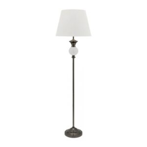 White Floor Lamp with black chrome stem and white ceramic globe accent and white satin shade