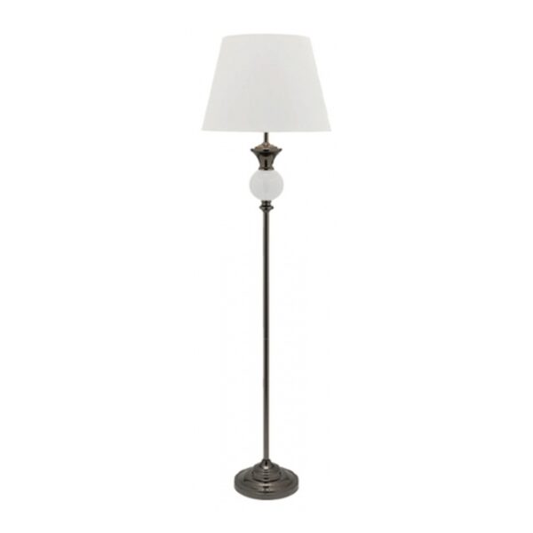 LLF Roundabout White Floor Lamp with black chrome stem and white ceramic globe accent and white satin shade