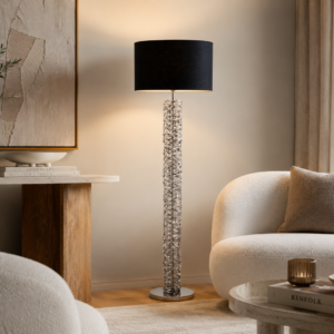 LLF Stevie Floor Lamp with intricate aluminium powder coated coil column and bold black textured linen drum shade