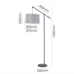 Floor Lamp with graphite metal arm and nickel base and stone grey textured drum shade