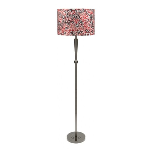 LLF Zoo Redskin floor lamp featuring slim black chrome stem and vibrant redskin patterned drum shade