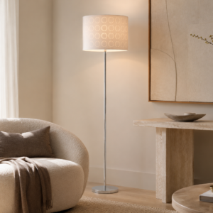 LLF Orbit Chrome floor lamp featuring slim chrome stem and intricate circular laser cut satin shade