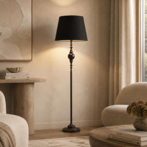 LLF Pioneer Black Floor Lamp with ornate iron metal base and bold black faux silk round tapered shade