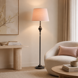 LLF Pioneer Blush Floor Lamp with ornate iron metal base and soft blush pink linen round tapered shade