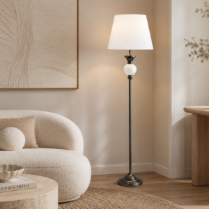 White Floor Lamp with black chrome stem and white ceramic globe accent and white satin shade