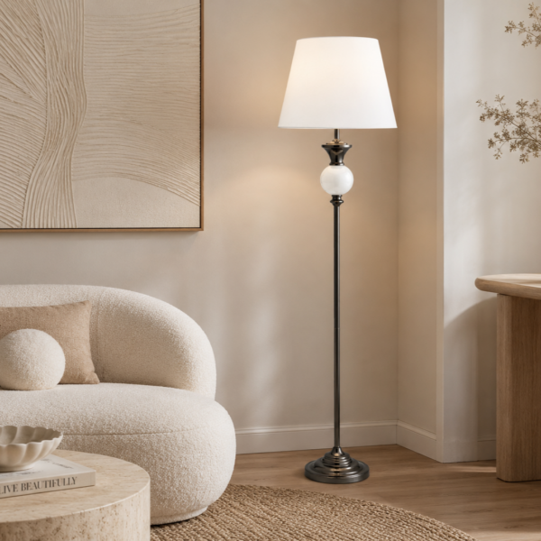 White Floor Lamp with black chrome stem and white ceramic globe accent and white satin shade