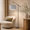 Floor Lamp with graphite metal arm and nickel base and stone grey textured drum shade