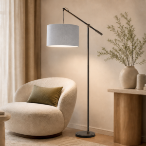 Floor Lamp with graphite metal arm and nickel base and stone grey textured drum shade