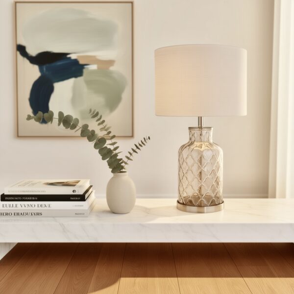 LLT Ariel Buff Glass Table Lamp with amber tinted glass base