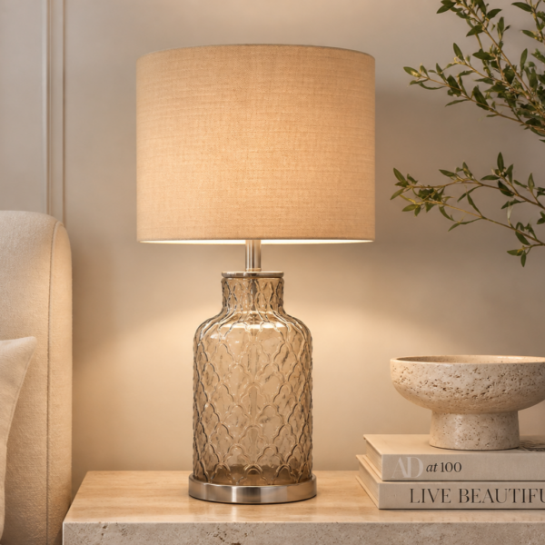 LLT Ariel Buff Glass Table Lamp with amber tinted glass base