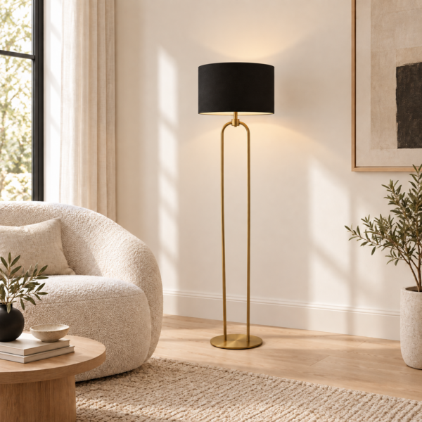 LLF Braden Black Floor Lamp with antique brass double arch base and black linen shade