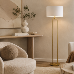 LLF Braden White Floor Lamp with antique brass double arch base and white linen shade