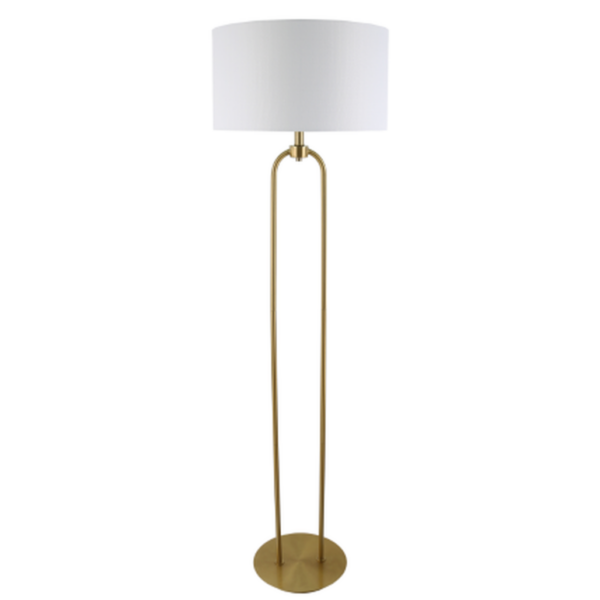 LLF Braden White Floor Lamp with antique brass double arch base and white linen shade