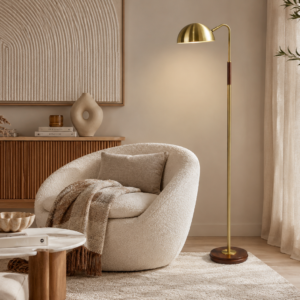 LLF Felix Floor Lamp with bronze metal dome shade and warm brown wood plated metal base