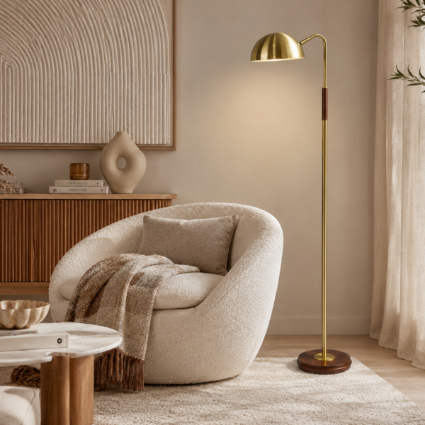 LLF Felix Floor Lamp with bronze metal dome shade and warm brown wood plated metal base