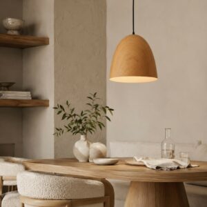 LLP Allen Pendant Light styled over kitchen bench in warm contemporary interior with natural timber tones