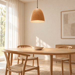 LLP Allen Pendant Light styled over kitchen bench in warm contemporary interior with natural timber tones
