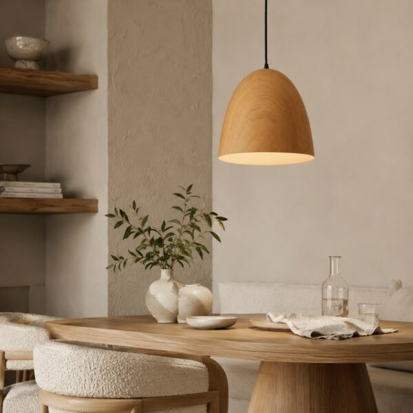 LLP Allen Pendant Light styled over kitchen bench in warm contemporary interior with natural timber tones