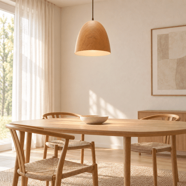 LLP Allen Pendant Light styled over kitchen bench in warm contemporary interior with natural timber tones