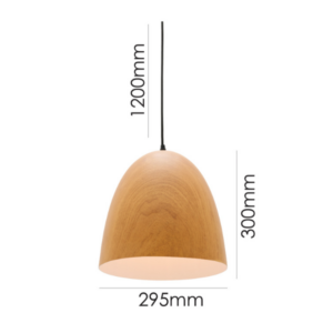 LLP Allen Pendant Light with warm timber finish dome shade on black cord suspension against white background