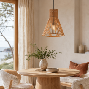LLP Baloo Large Pendant Light styled over dining table in warm contemporary interior setting