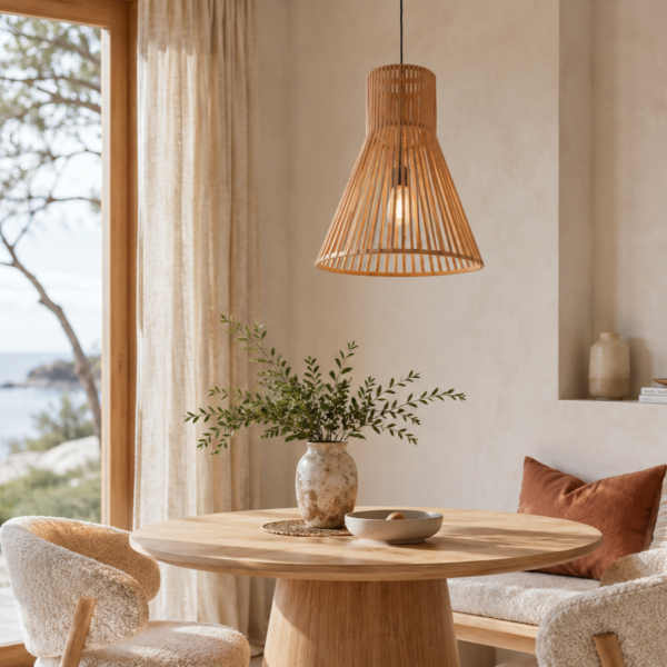 LLP Baloo Large Pendant Light styled over dining table in warm contemporary interior setting